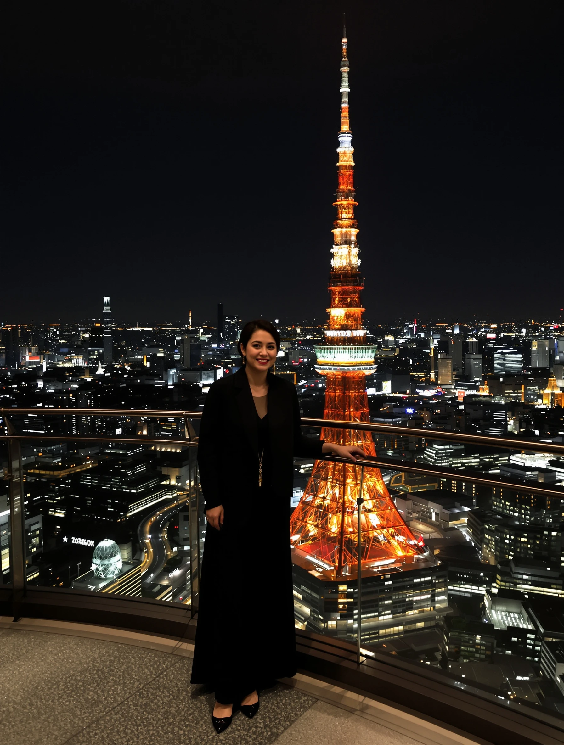 Woman at Tokyo Tower observation deck at night, city lights sparkling below. Evening outfit, romantic city views, illumi