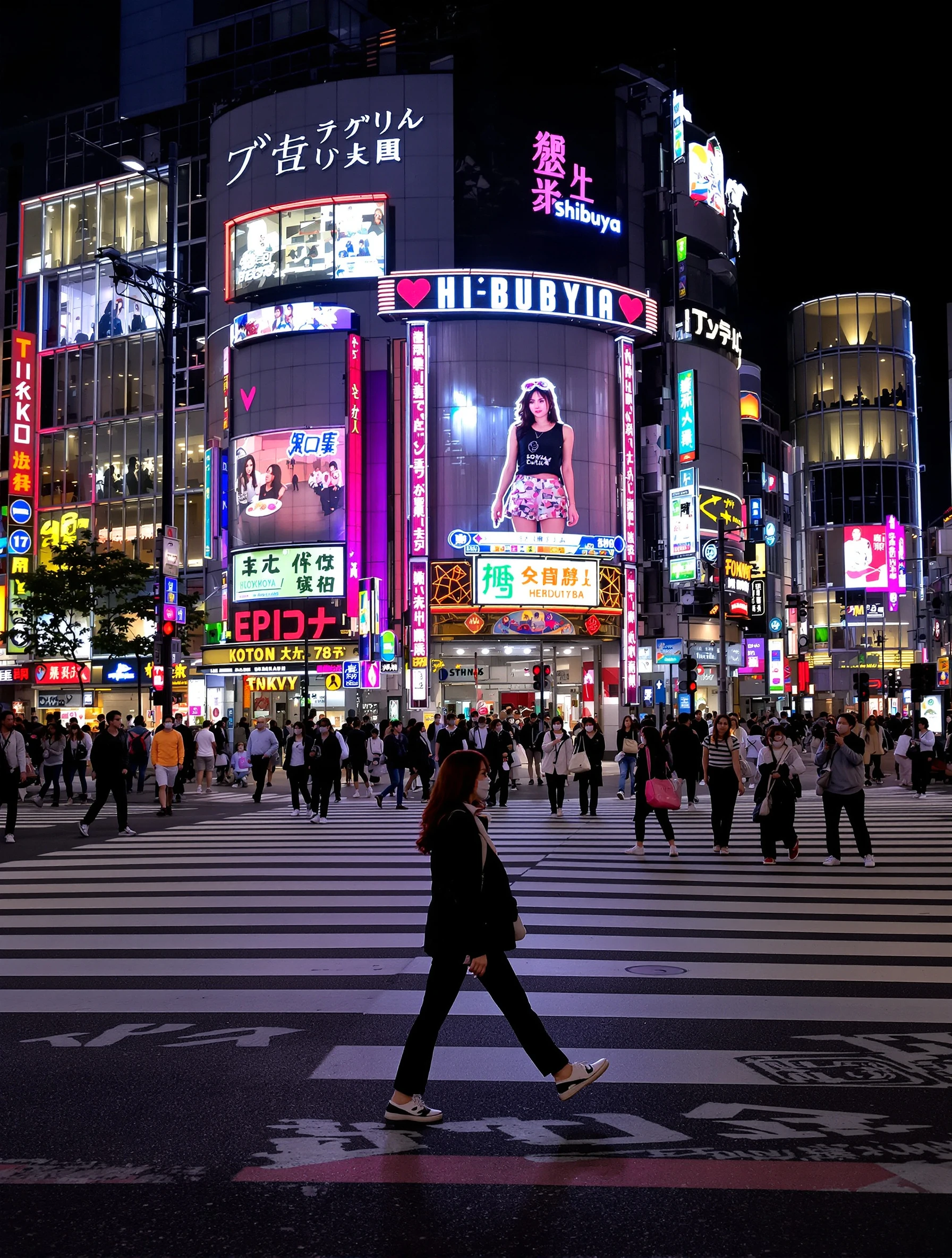 Woman crossing the famous Shibuya Crossing with neon lights and crowds around. Trendy Tokyo street fashion, urban energy