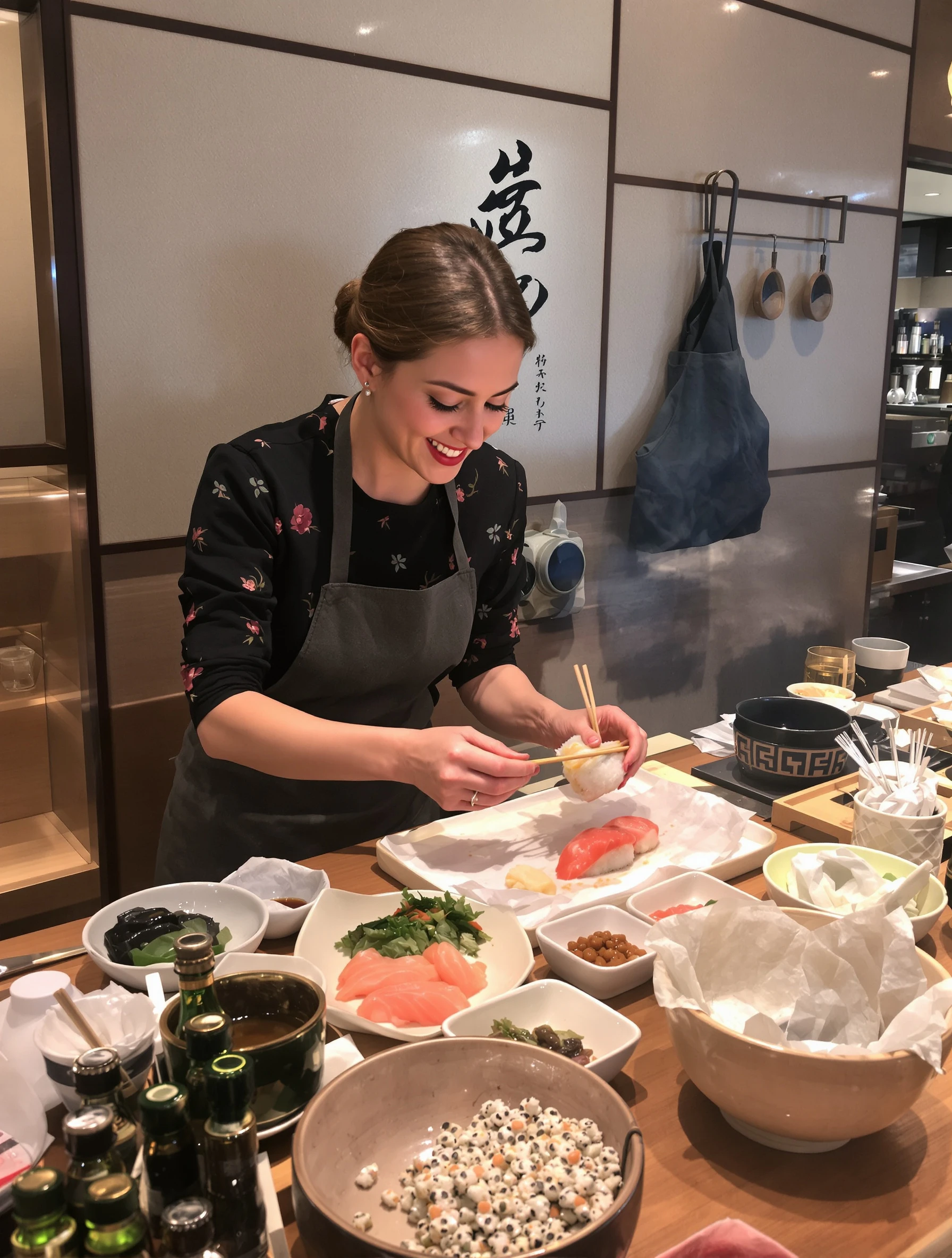 Woman enjoying fresh sushi at authentic Tokyo restaurant, chef preparing omakase. Elegant casual attire, wooden counter 