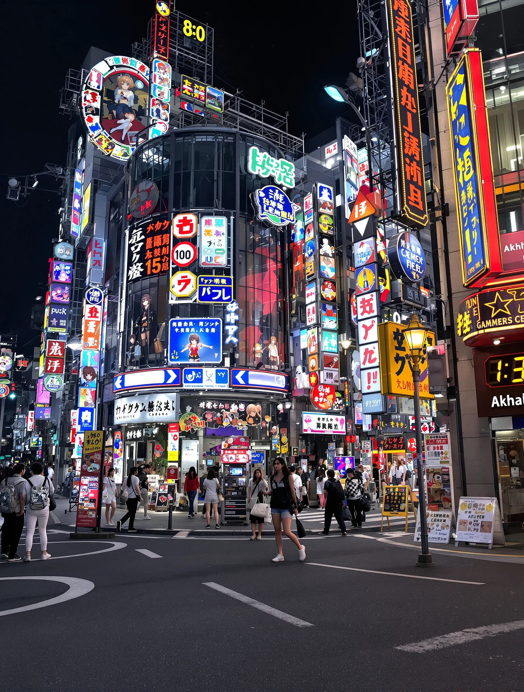Woman exploring electric Akihabara district with anime shops and game centers. Casual fun outfit, neon signs and pop cul