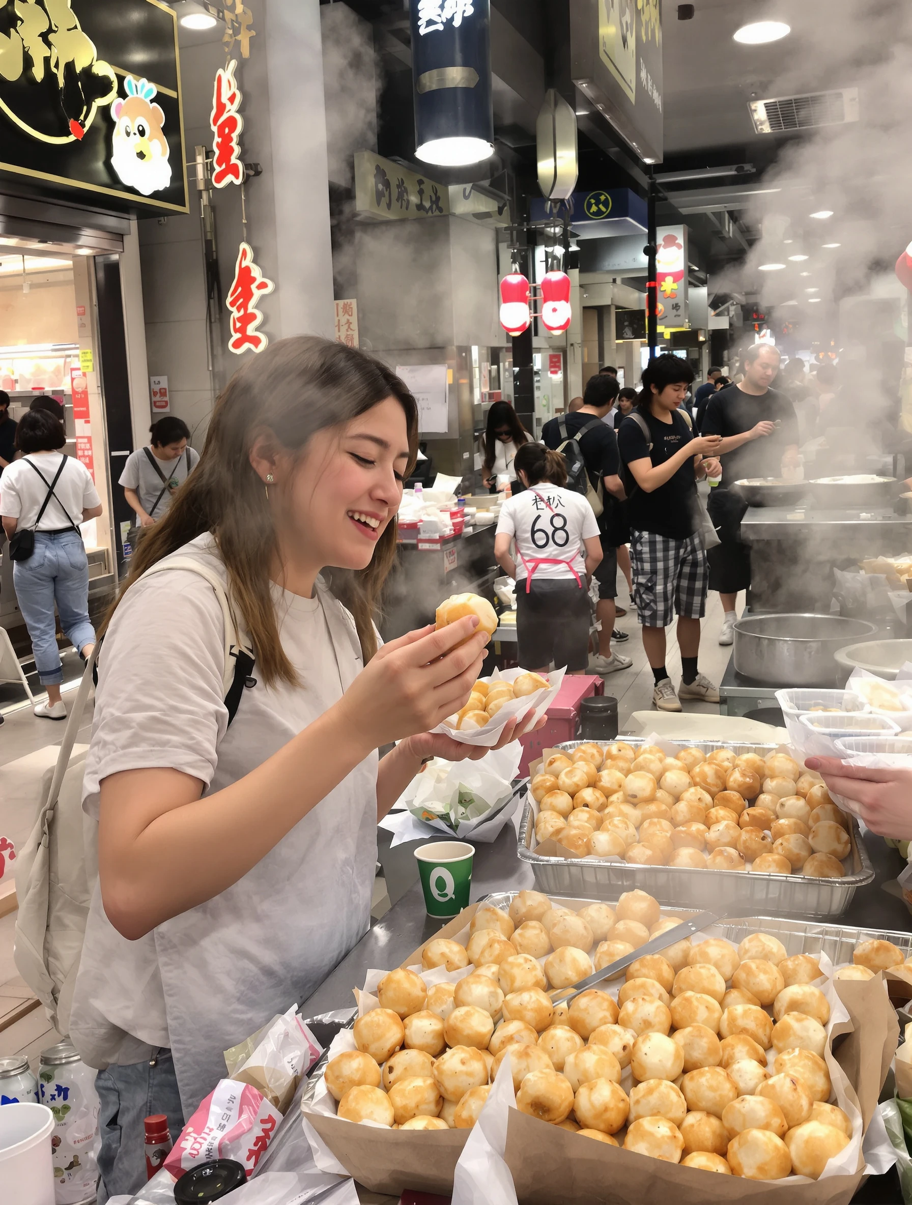 Woman exploring Tokyo street food market, trying takoyaki with delight. Casual foodie outfit, steam and aromas, culinary