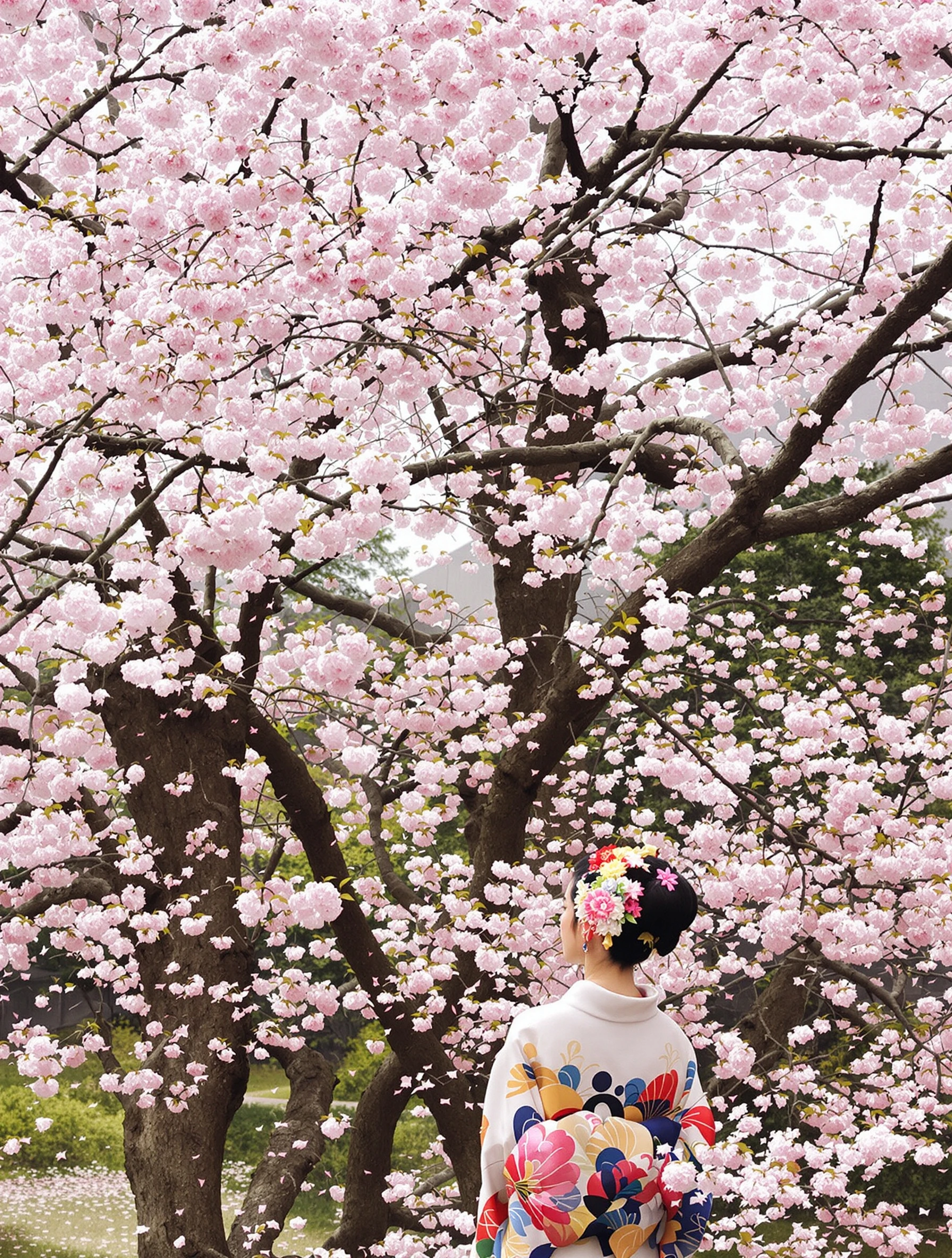 Woman in elegant kimono under cherry blossom trees in full bloom. Traditional Japanese dress, pink petals falling, seren