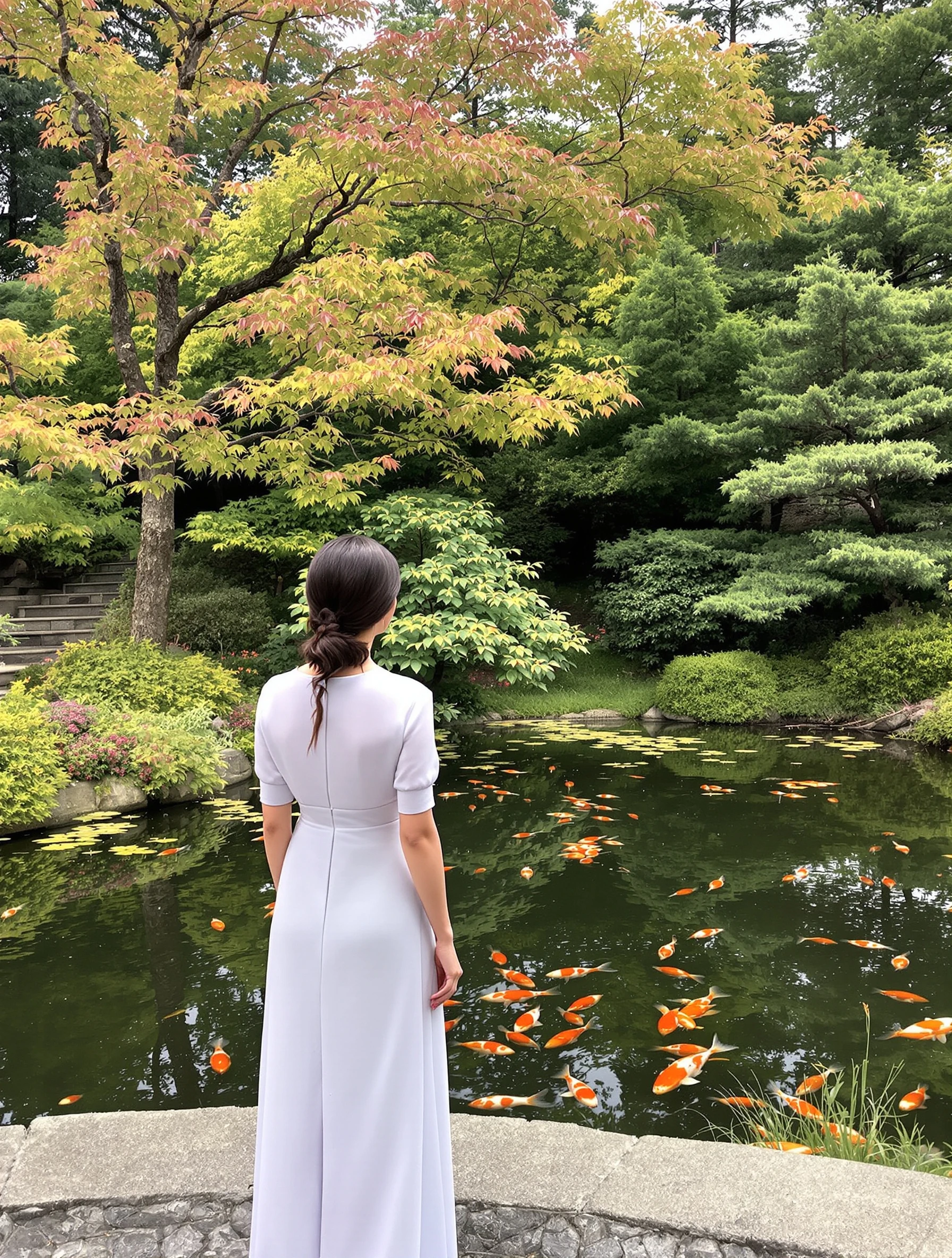 Woman in serene traditional Japanese garden, koi pond and maple trees. Elegant simple dress, peaceful zen atmosphere, co