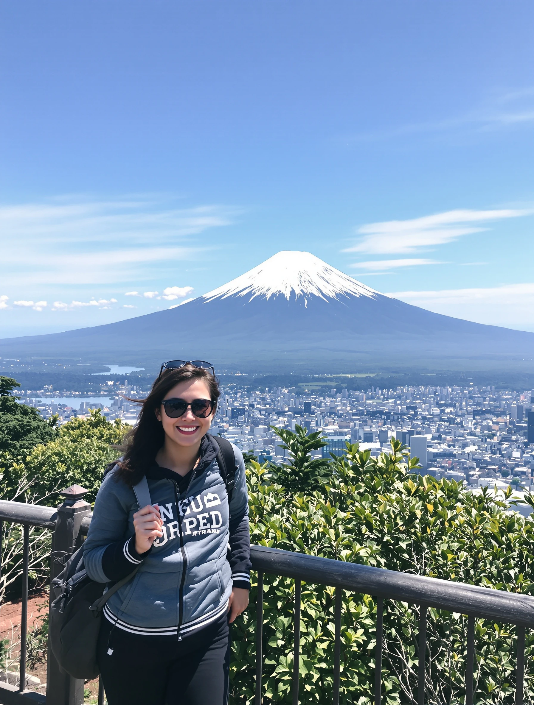 Woman with Mount Fuji perfectly visible on a clear day trip from Tokyo. Casual travel outfit, iconic volcanic peak, once