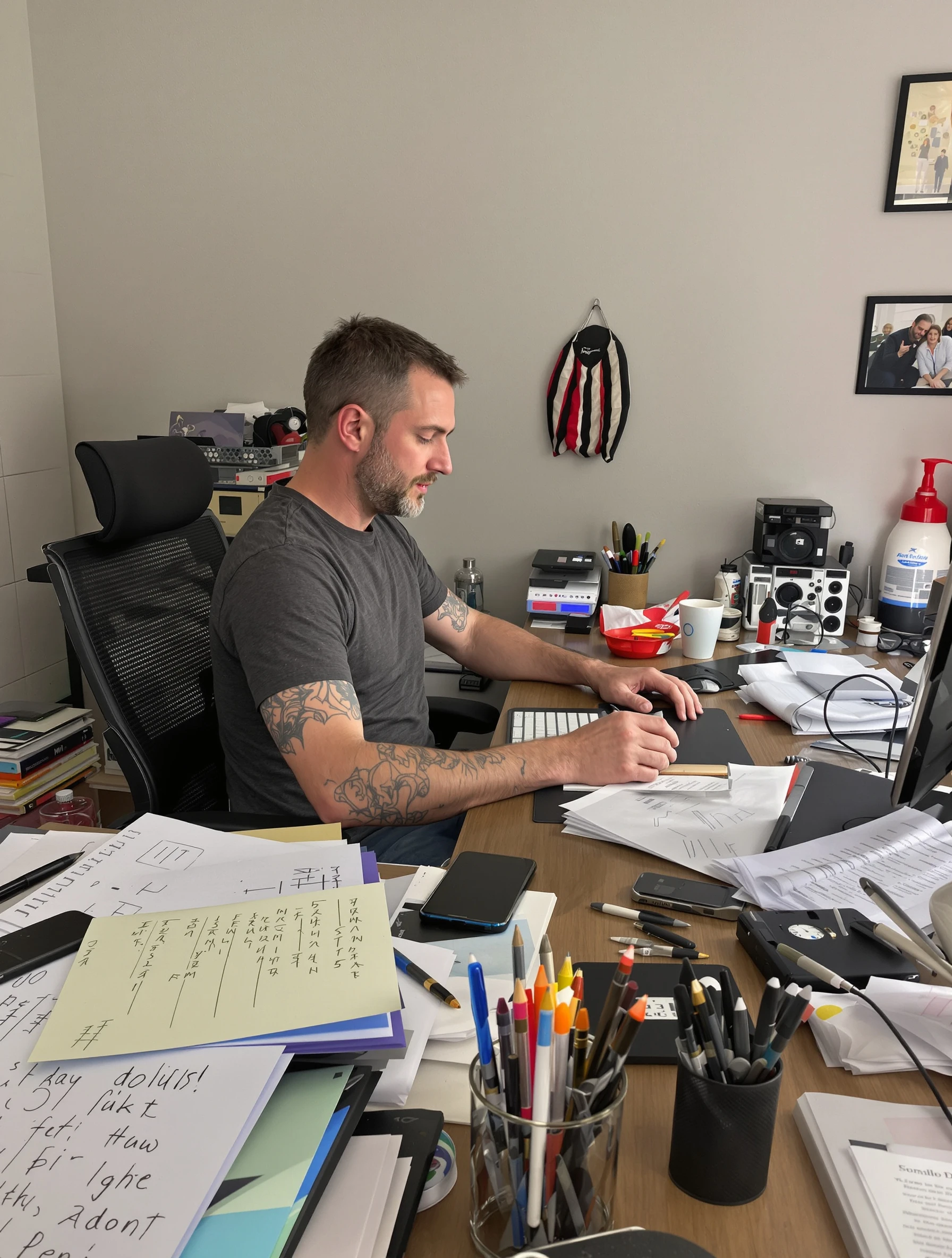 Man at organized desk workspace, productivity content. Work routine, productive lifestyle, home office, focused work.