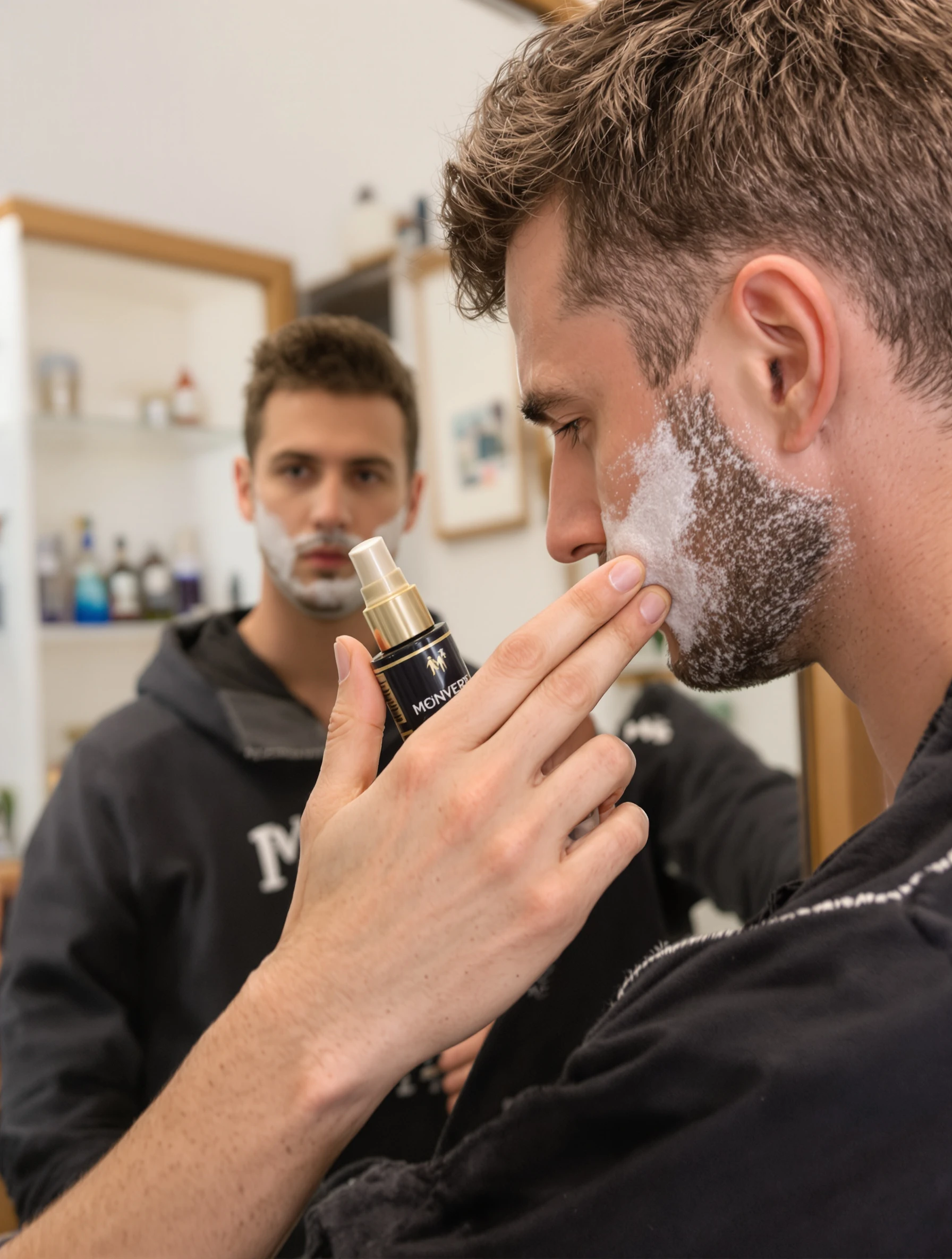 Man doing grooming or skincare routine, self-care for men. Grooming content, men's self-care, routine lifestyle, personal care.