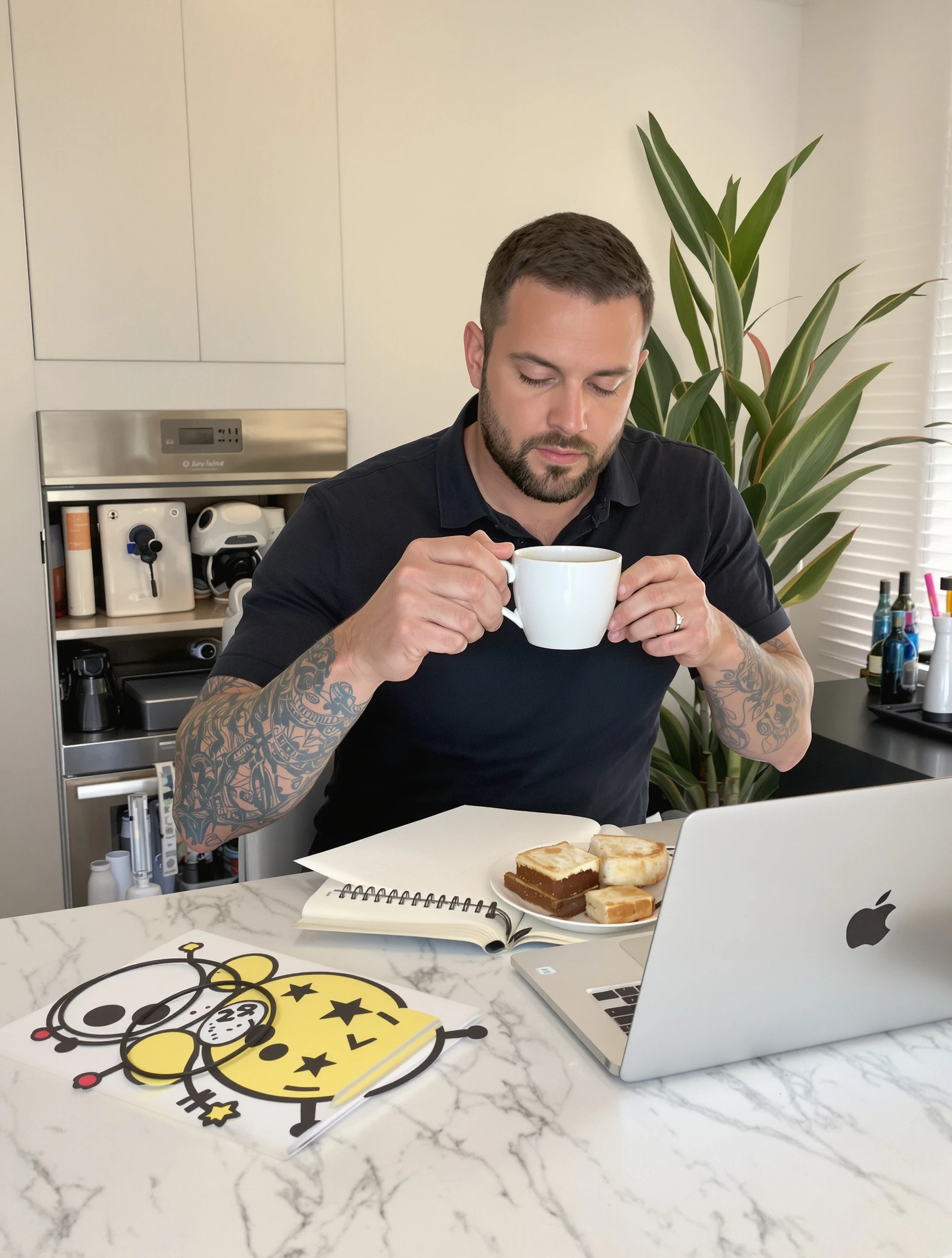 Man in productive morning routine with coffee, starting day right. Morning content, productive lifestyle, routine goals, aspirational morning.