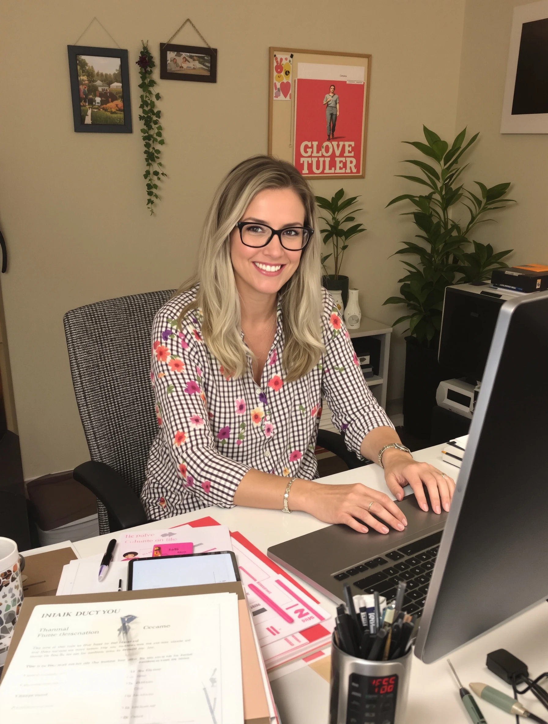 Woman at organized desk, productivity and work-from-home content. Productive lifestyle, home office, work routine, organization goals.