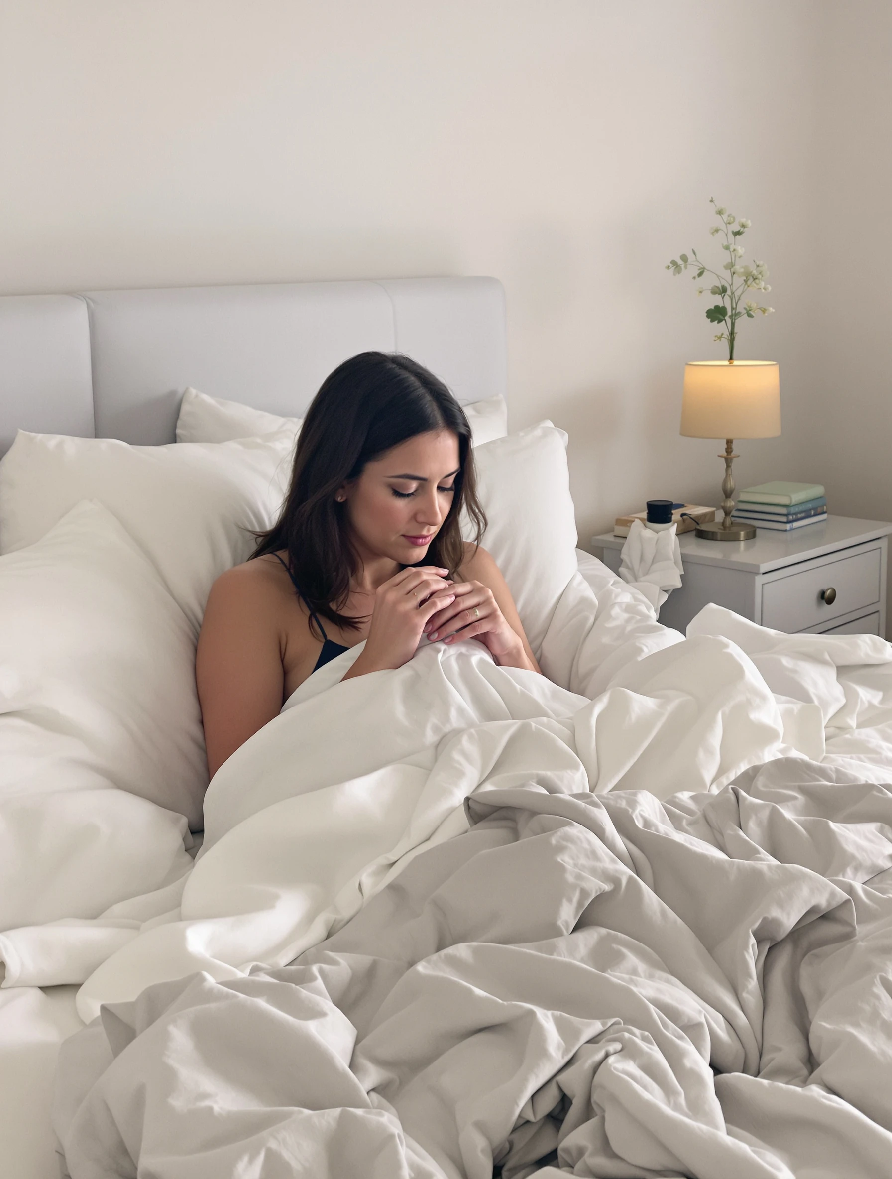 Woman in calming evening routine, winding down at home. Night routine, relaxation content, peaceful evening, bedtime ritual.