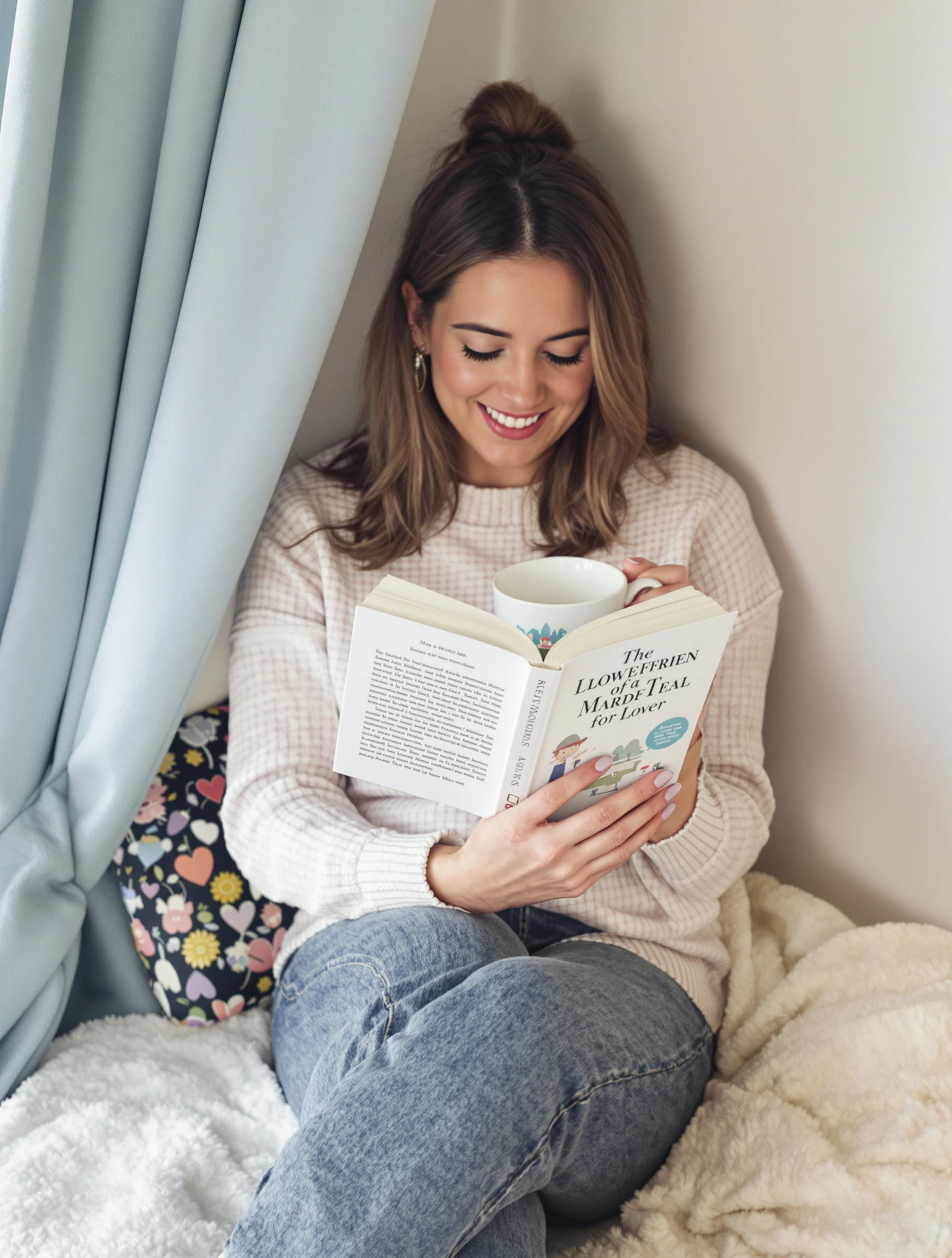 Woman in cozy reading nook with book and tea, peaceful moment. Reading content, book lover lifestyle, cozy aesthetic, quiet time.