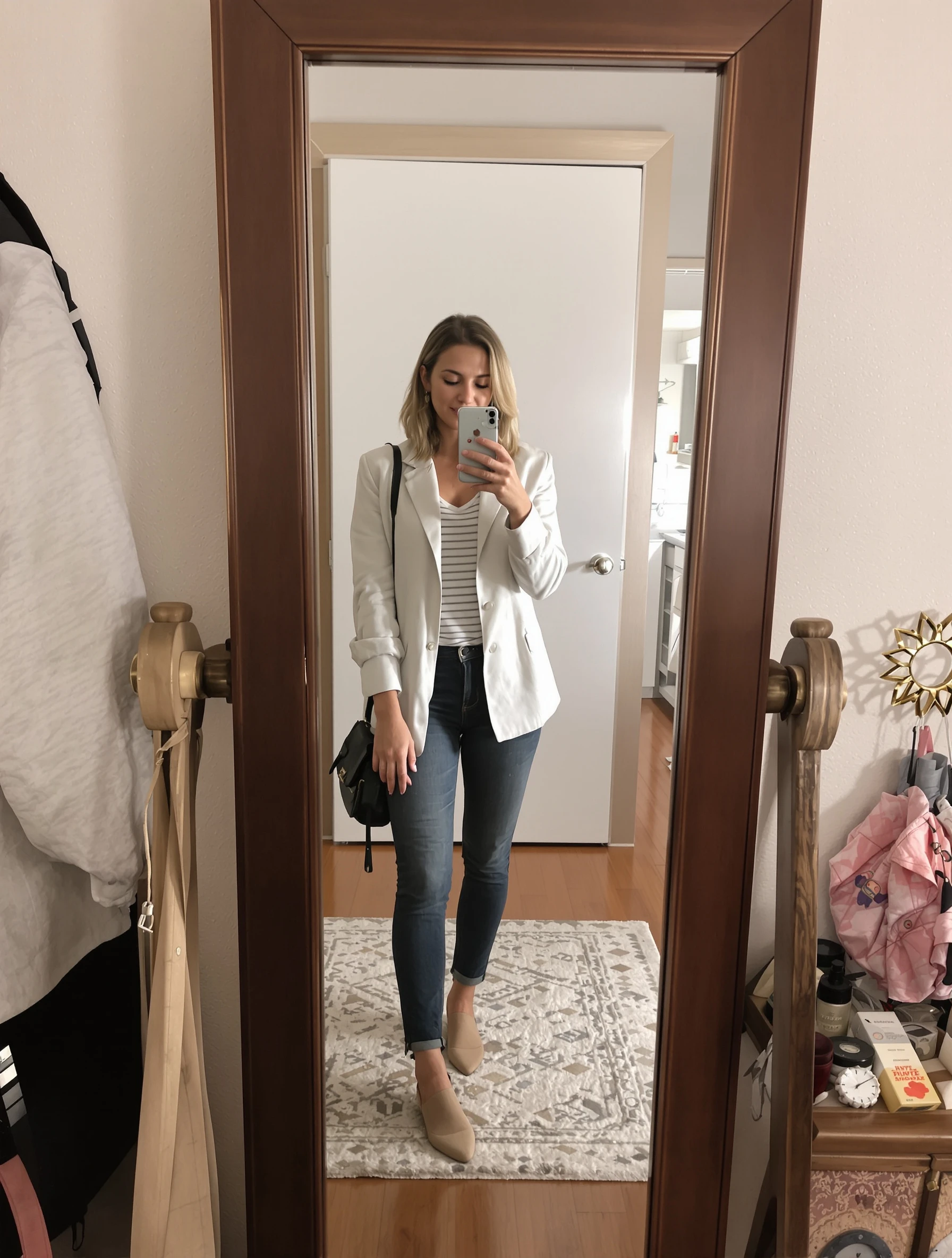Woman showing outfit of the day in mirror, fashion content. OOTD content, style sharing, fashion lifestyle, daily looks.