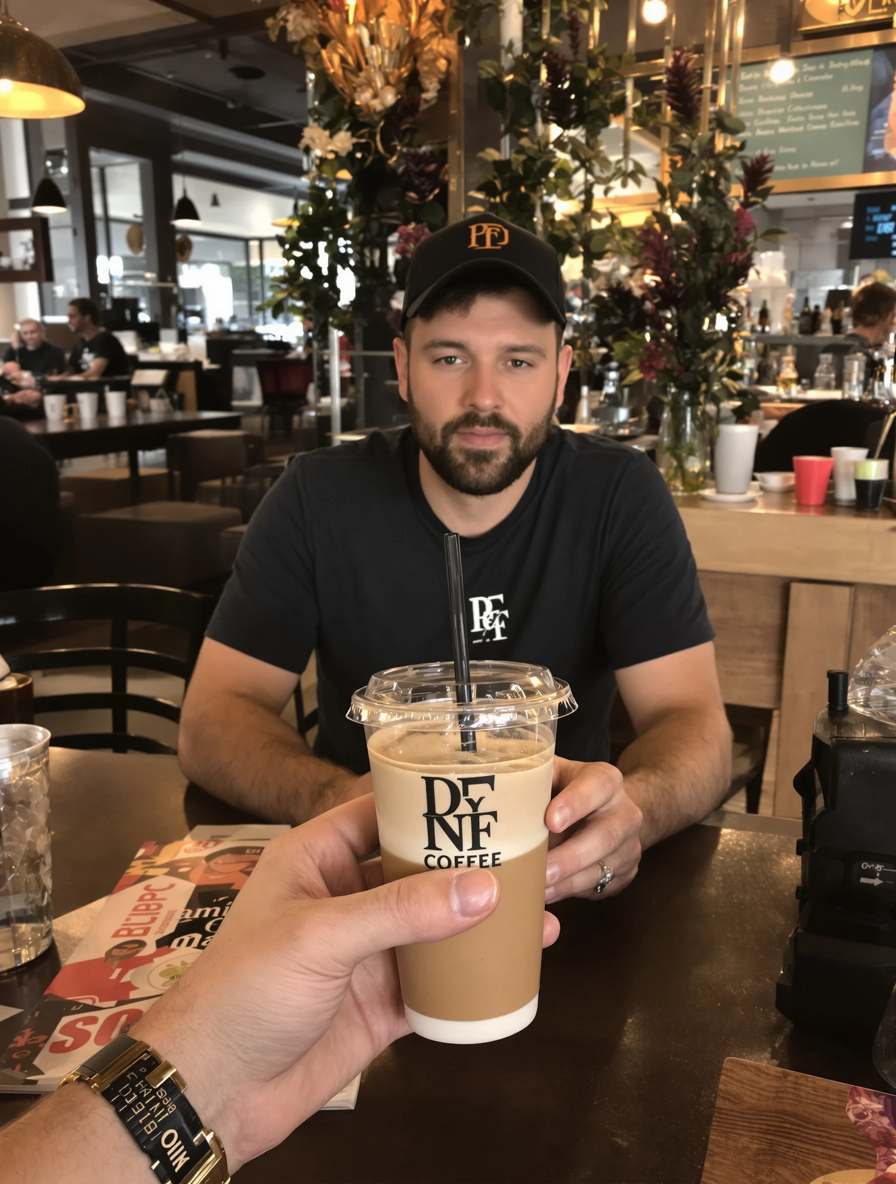 Man holding coffee drink at cafe, casual brand moment. Product placement, lifestyle content, authentic setting, genuine use.