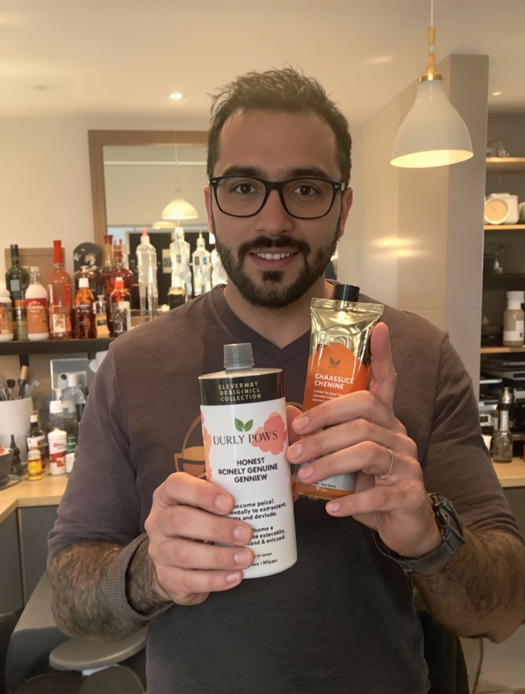 Man holding product with honest genuine review expression. Authentic recommendation, real person, trustworthy content, relatable presenter.