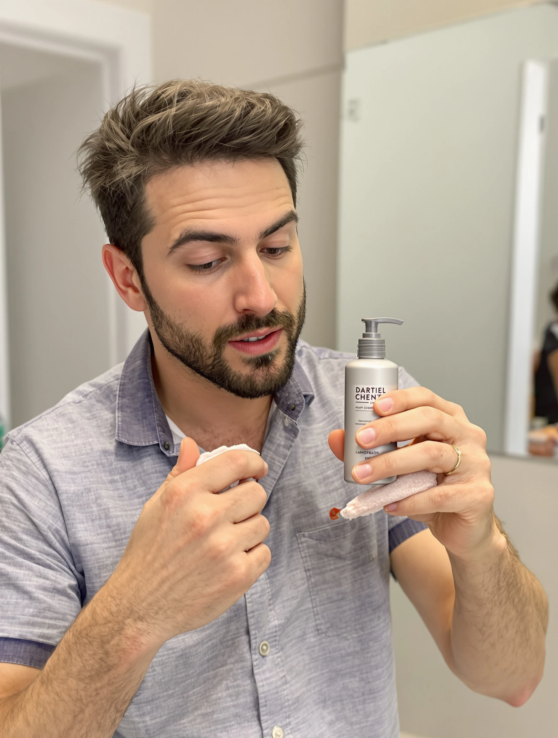 Man with grooming or skincare product, self-care routine. Men's products, honest review, grooming content, relatable.