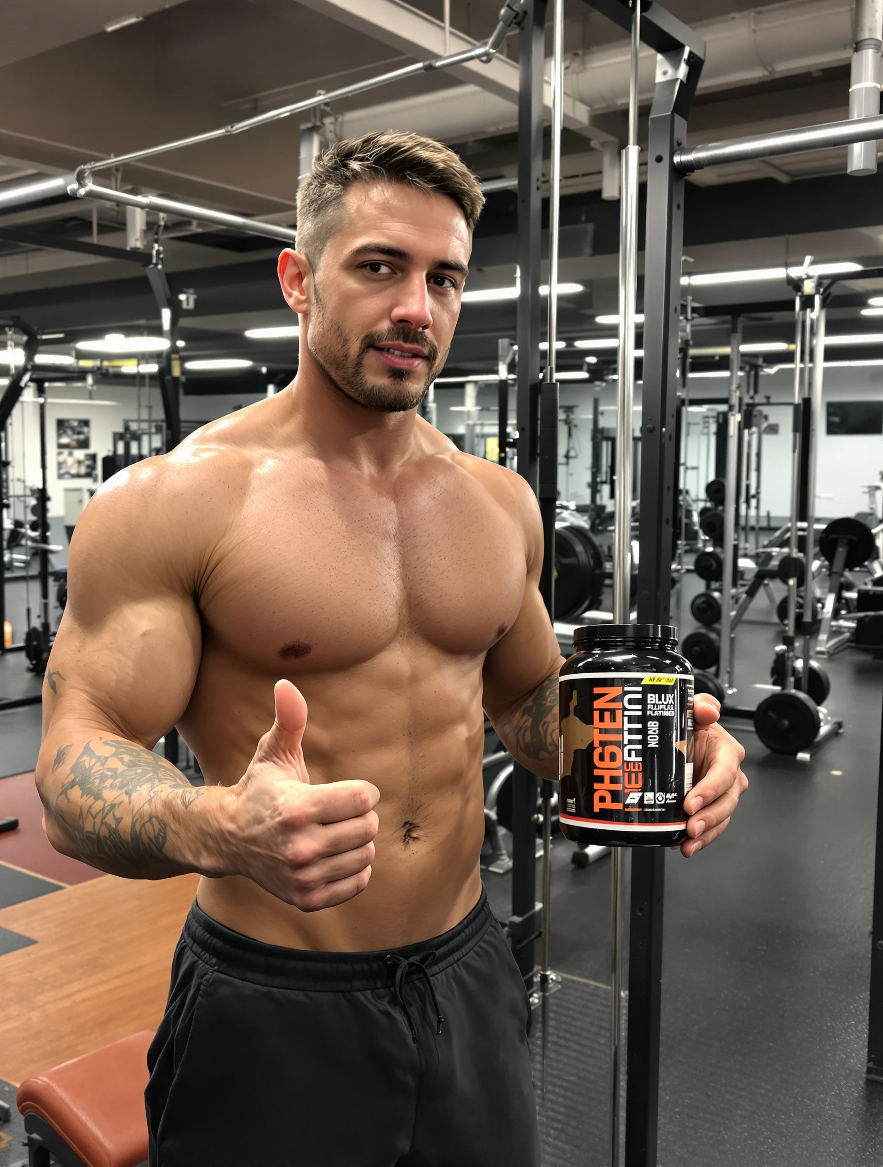 Man with supplement or protein at gym, fitness product integration. Athletic endorsement, genuine use, fitness lifestyle, brand content.