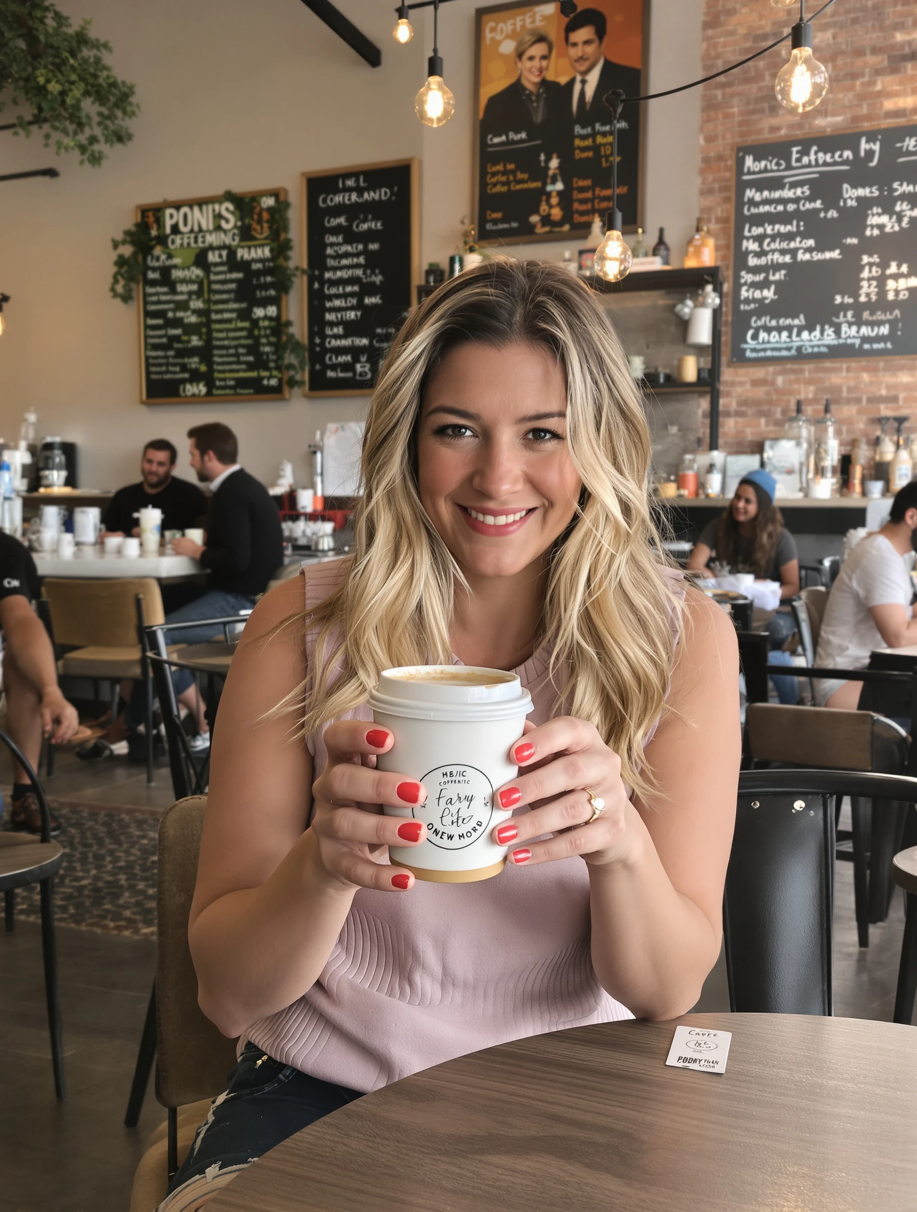 Woman at cafe holding branded 