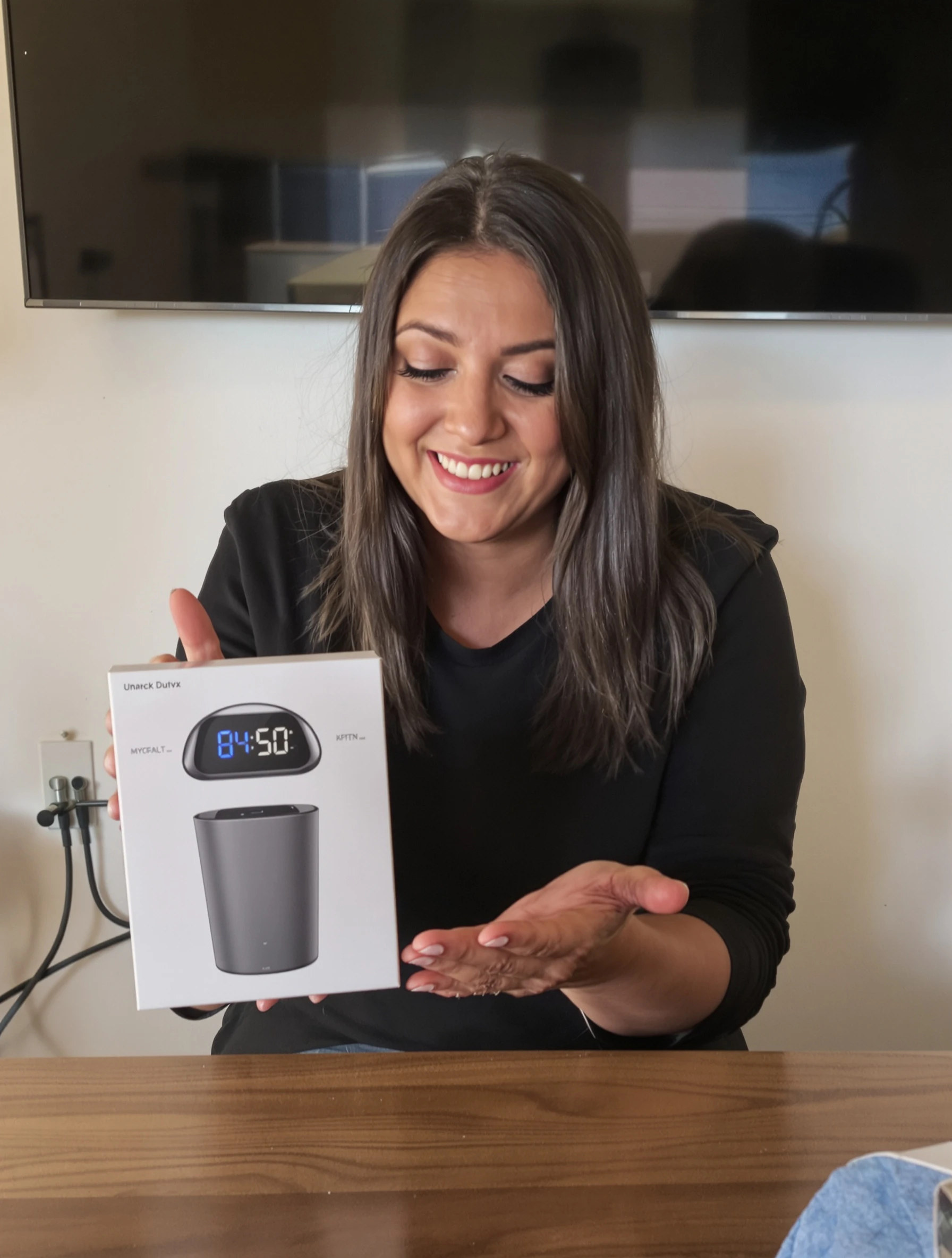 Woman reviewing tech gadget with genuine interested expression. Product review, unboxing tech, honest assessment, helpful content.