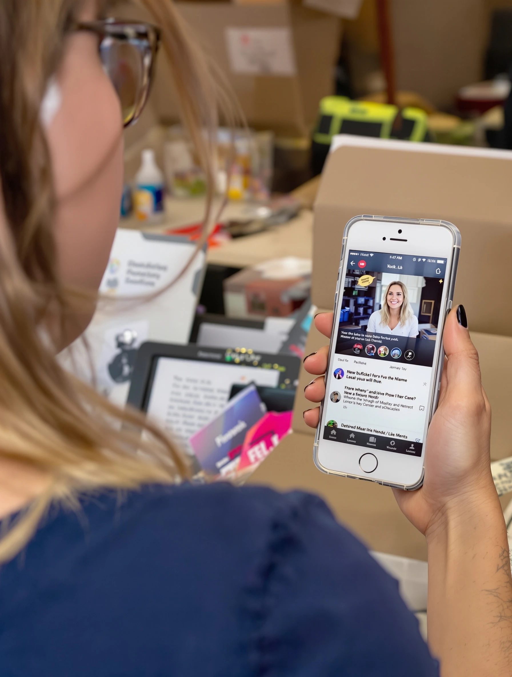 Woman showing phone app on scr