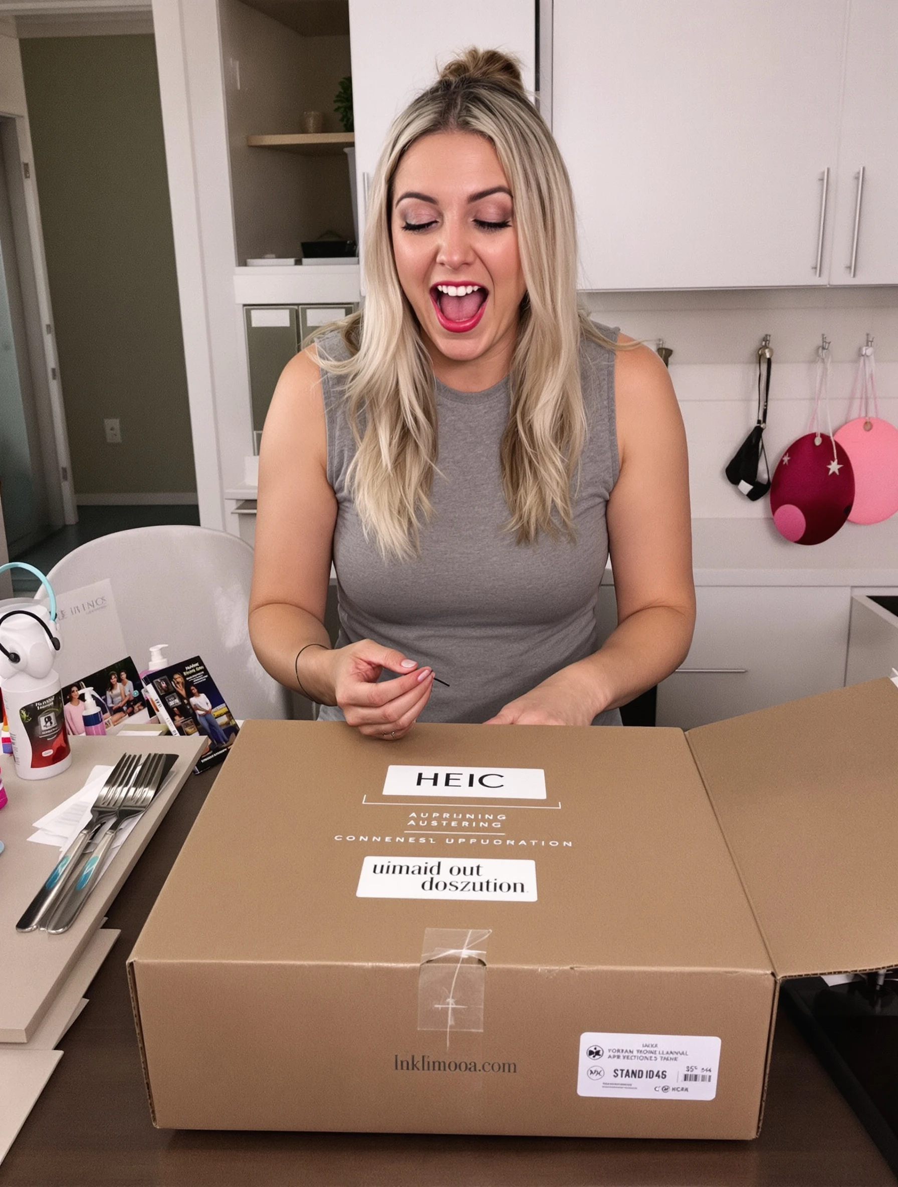 Woman unboxing package with ex