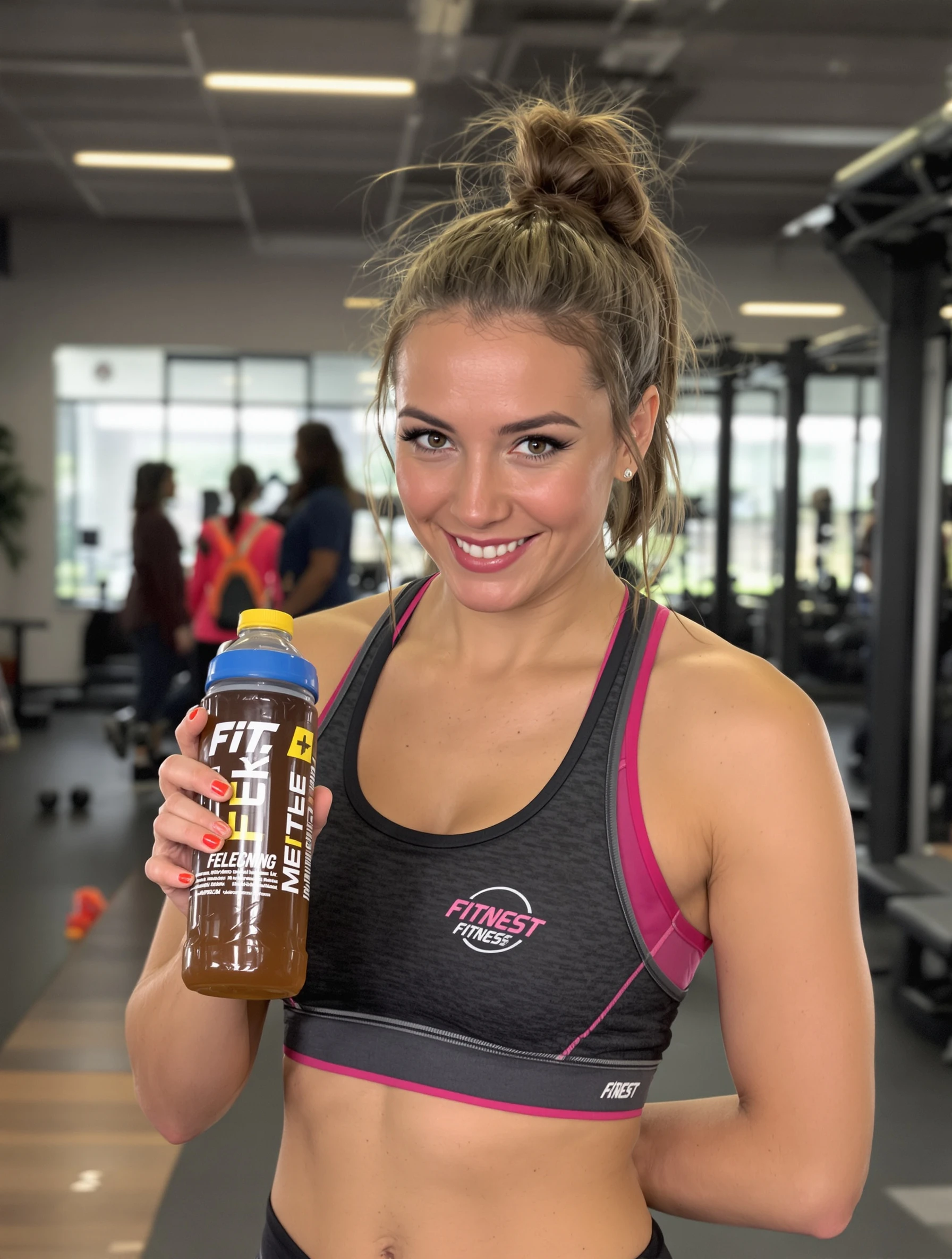 Woman with fitness drink bottle at gym, post-workout glow. Athletic product placement, genuine use, fitness lifestyle, brand integration.