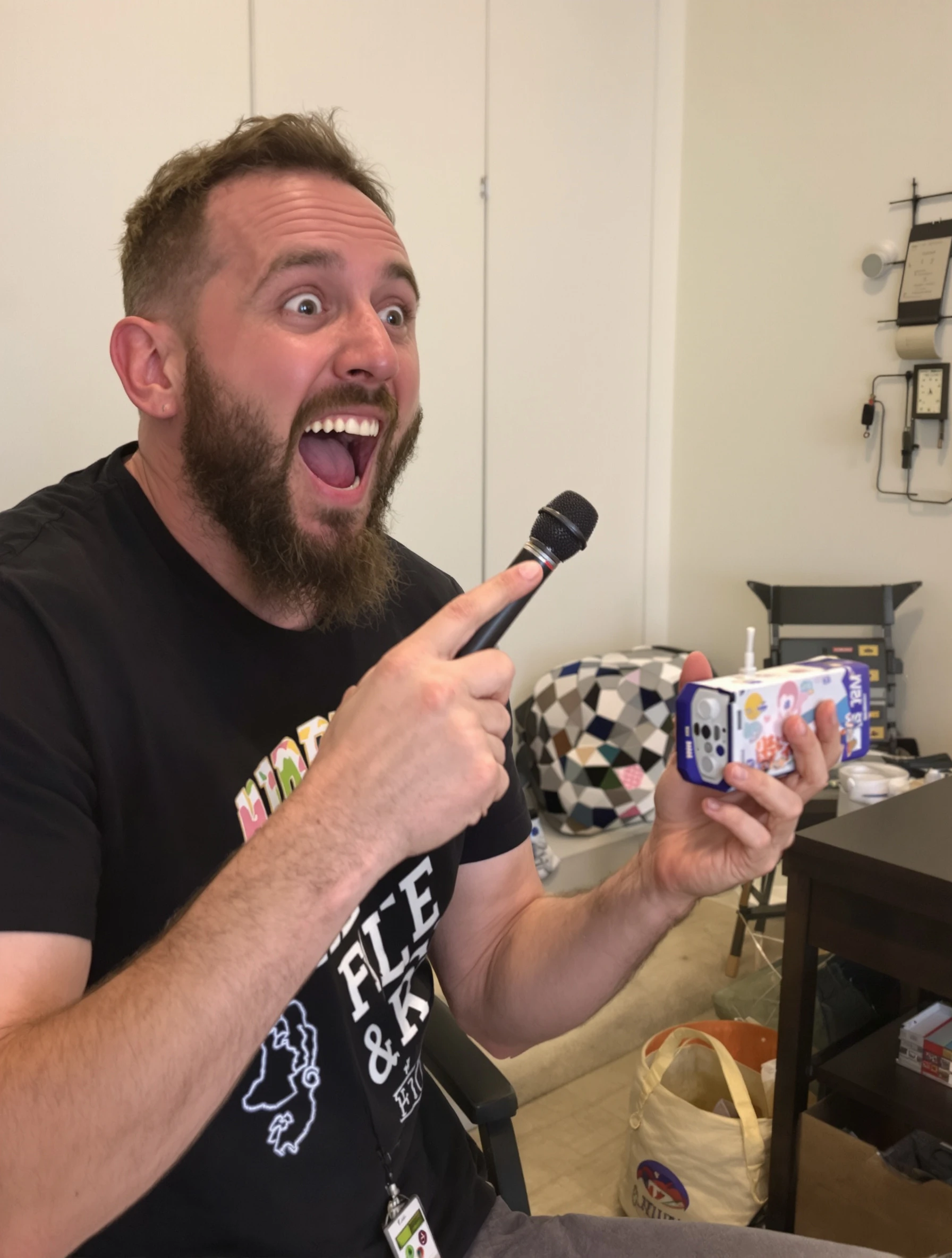 Man excited about product in video review, genuine enthusiasm. Product review, real excitement, convincing content, authentic endorsement.