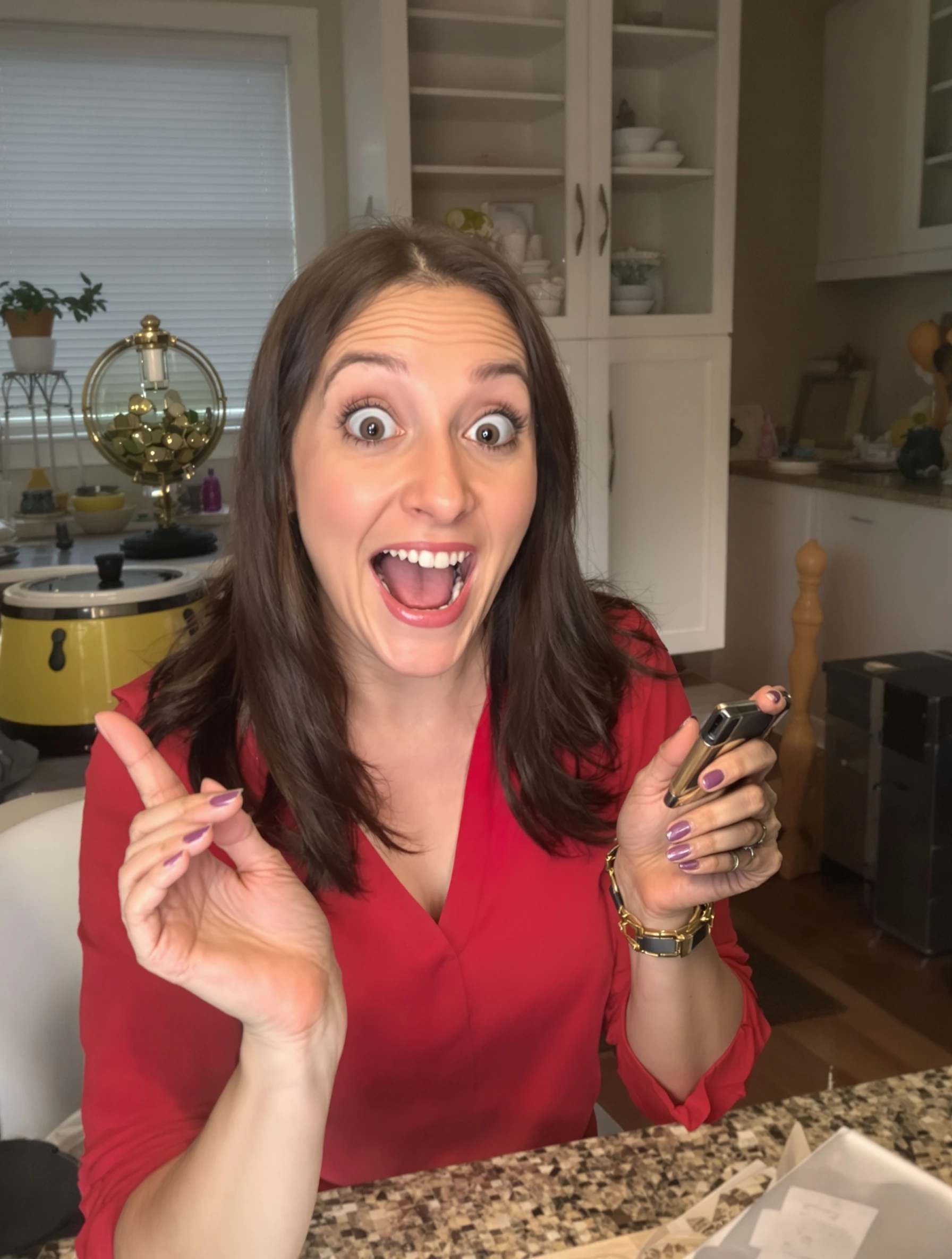 Woman giving excited video rev