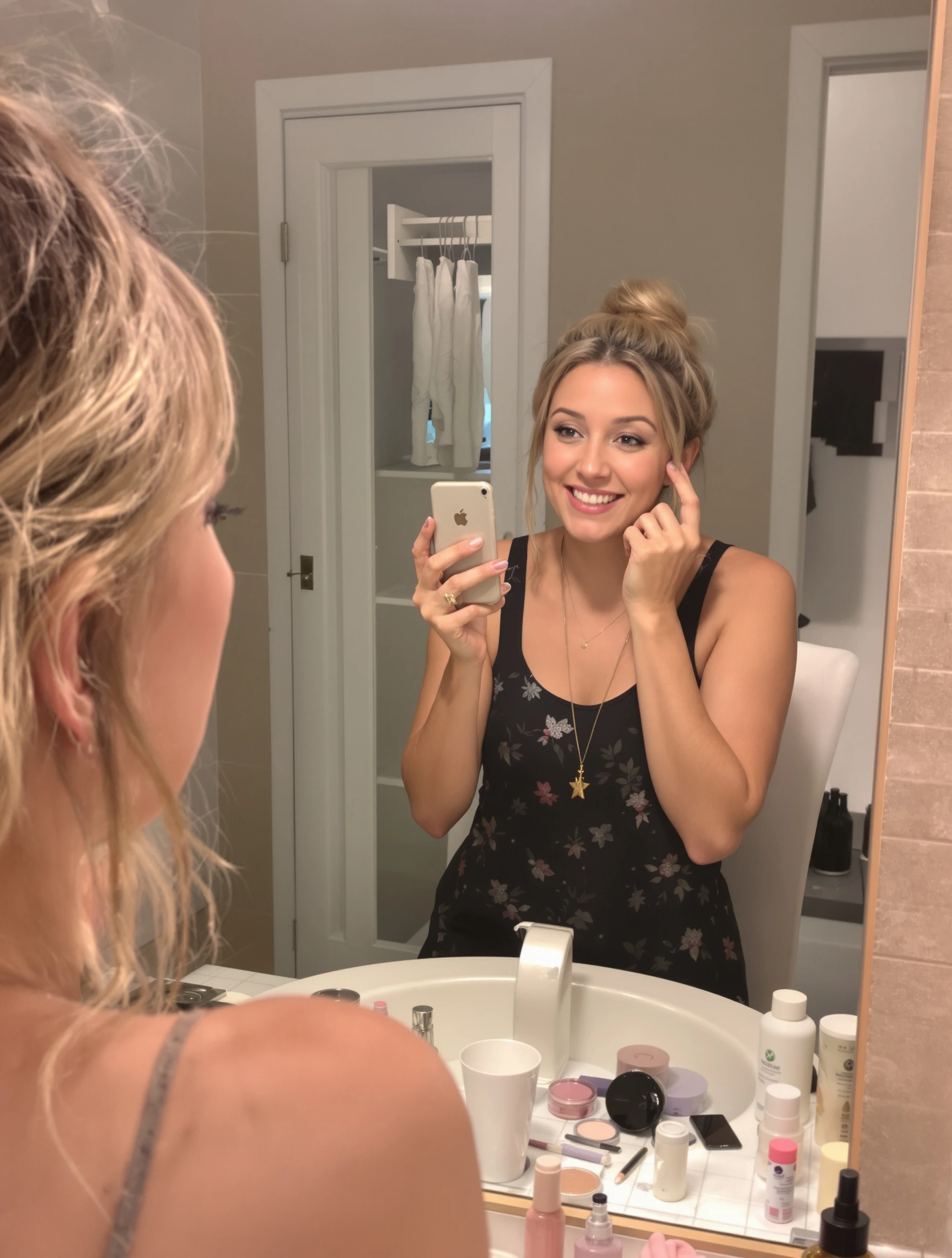 Woman in get-ready-with-me video, casual genuine morning routine. GRWM content, beauty routine, authentic process, relatable content.