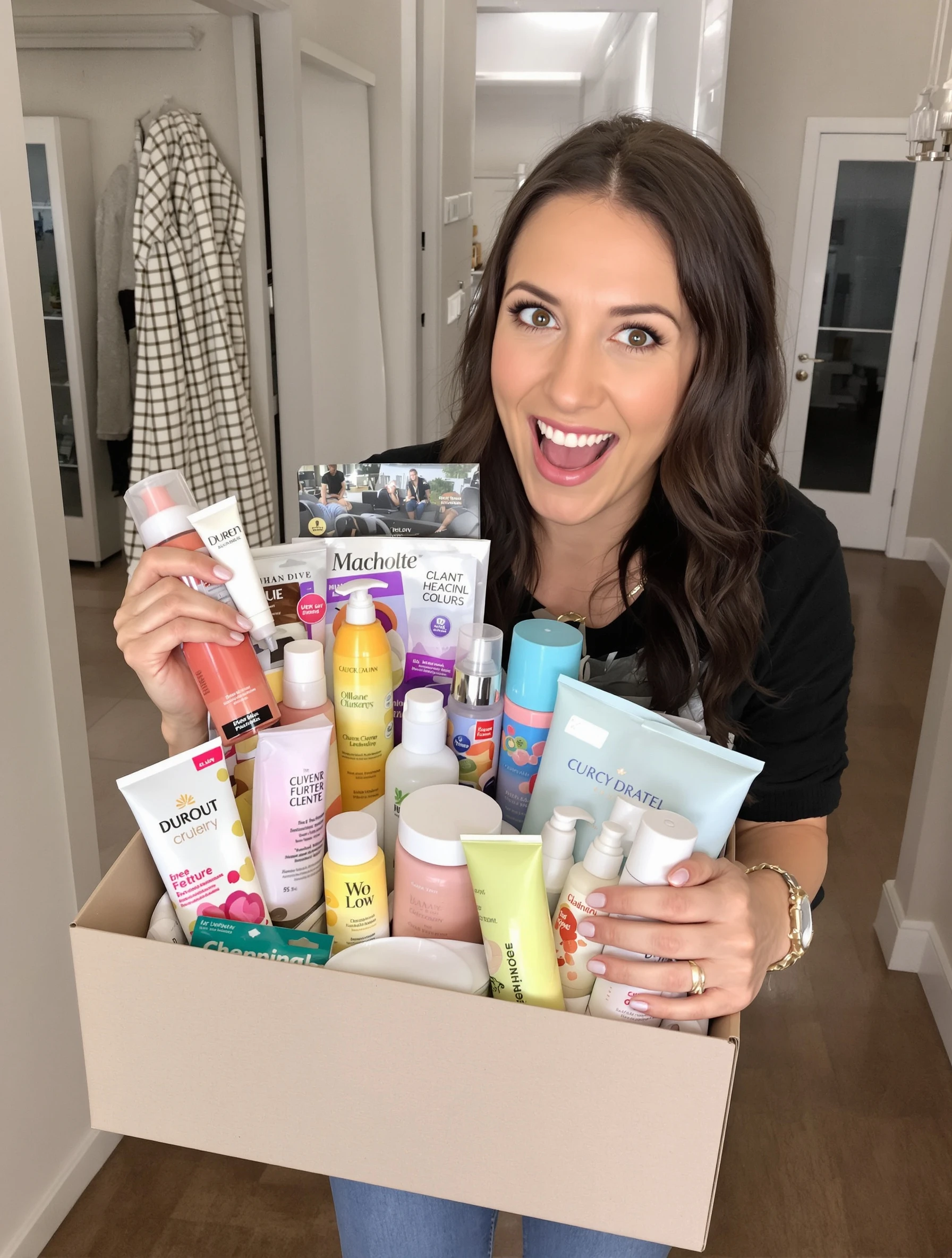 Woman showing haul of products, excited sharing purchases. Haul video, shopping shares, genuine excitement, review content.