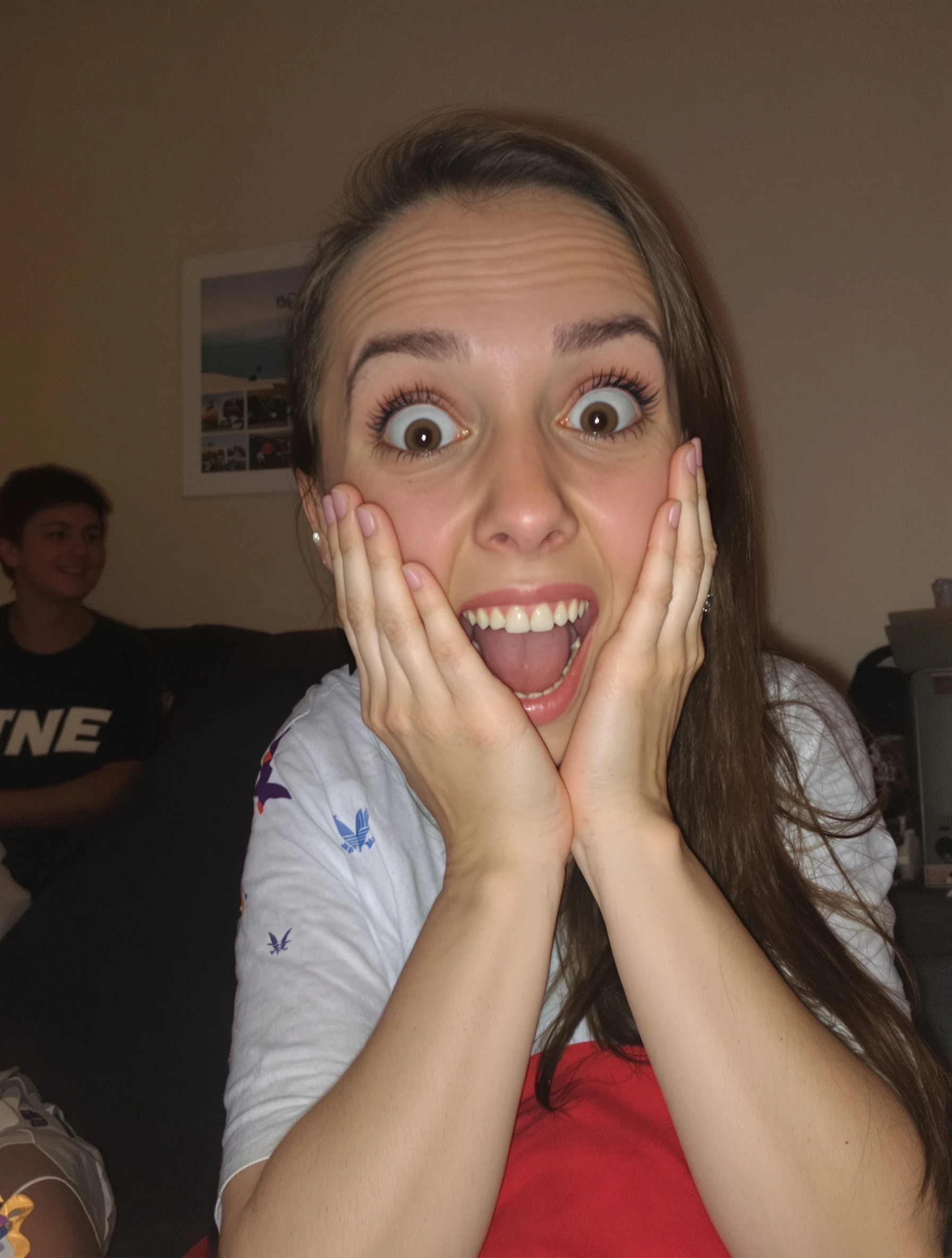 Woman with surprised happy reaction, genuine emotional response. Reaction content, authentic surprise, real emotion, engaging expression.