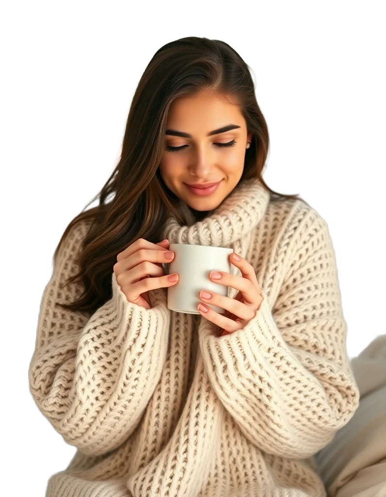 Woman holding coffee with background removed