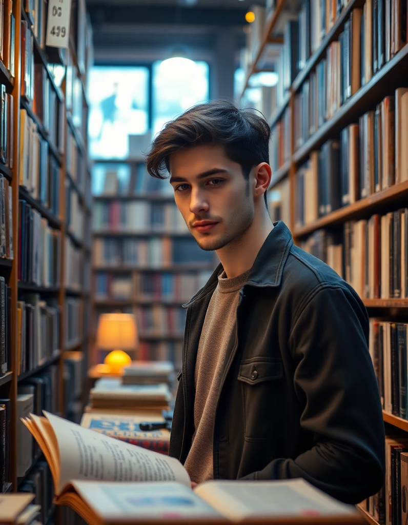 Man reading in bookstore with background